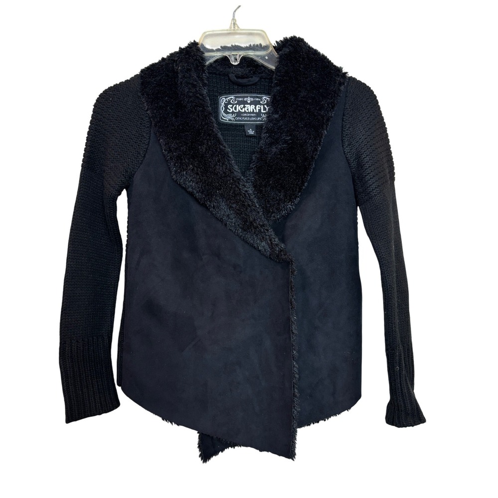 Sugarfly Faux Suede Knit Jacket Women S Black Faux Fur Collar y2k Glam Layering